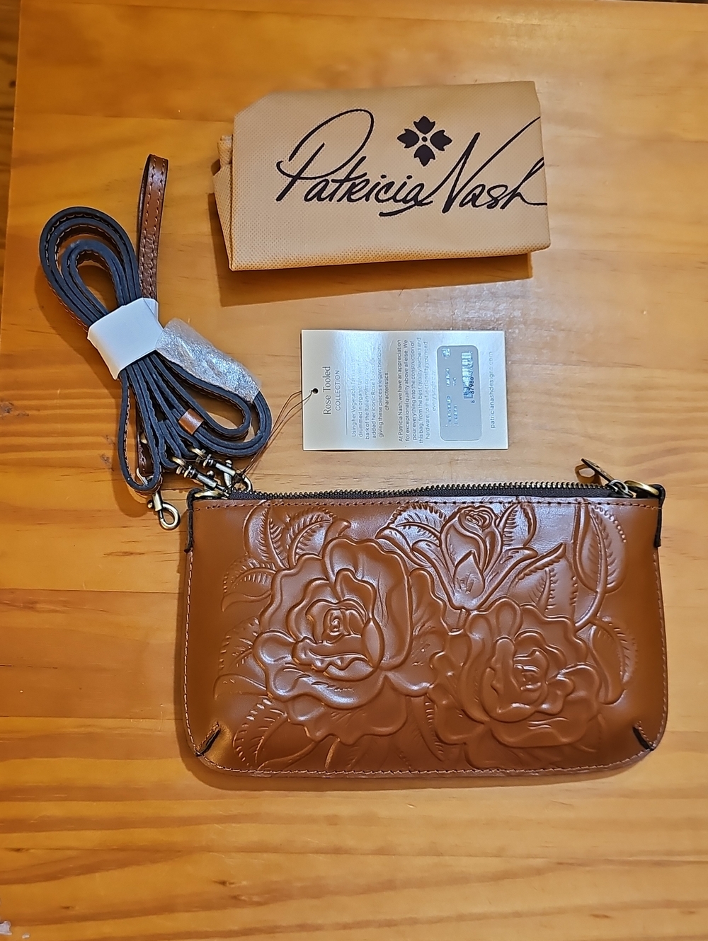 Patricia Nash Laurina Tan Floral-Embossed Leather Crossbody